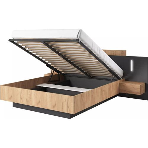 Lit Coffre Avec Chevets 160 X 200 Cm - 2 Tiroirs - Avec Leds - Coloris : Naturel Et Anthracite - Francoli