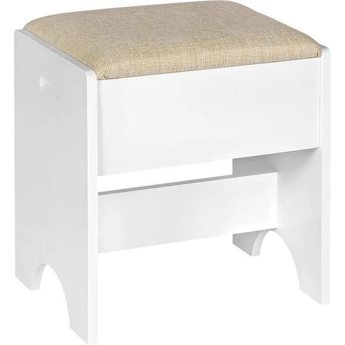 Tabouret Coiffeuse. Chaise De Maquillage Rembourré. 40x30x45cm. Siège En Lin Et Mdf. Beige+Blanc