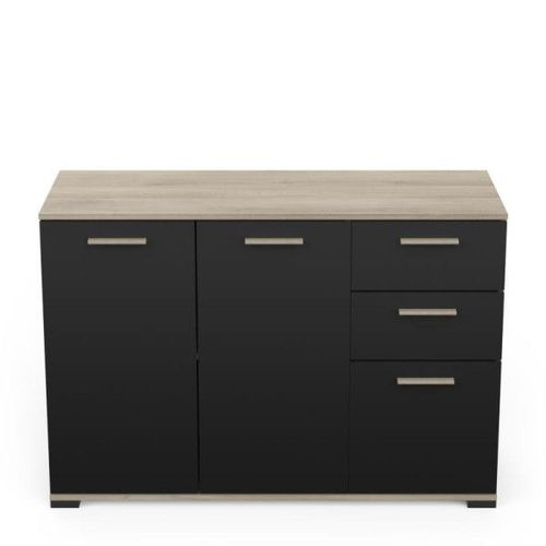 Buffet 3 Portes 2 Tiroirs Noir Mat/Chêne Clair - Zily - L 120 X L 42 X H 82 Cm