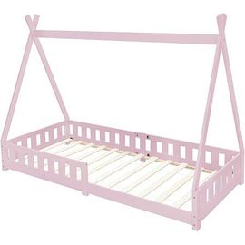 Lit D'enfant Tipi Antichute Lit En Bois Lit De Maison En Pin Rose 90x200 Cm
