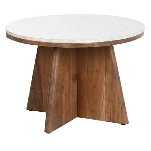 Table Basse Ronde En Marbre Blanc Et Bois Dacacia - Diamètre 70 X Hauteur 43 Cm