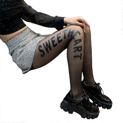 Femmes Sexy Ultra-Mince Sheer Tattoo Collants Filles Pas De Lettres Chérie Imprimé Soyeux Sur Pied Bas Danse Partie Noir Nude Collants Clubwear