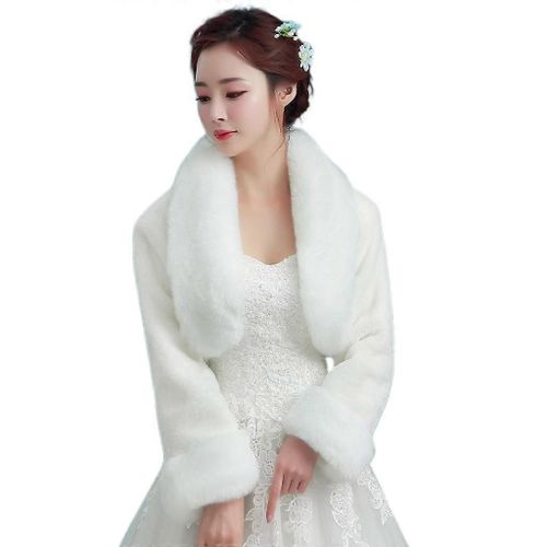Femme Vintage Blanc Peluche Enveloppement De Mariée Stole Shawl Long Sleeve Evening Party Cap