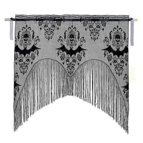 Halloween Black Lace Curtains Tassel Valance Skull Bat Tulle Topper Shawl
