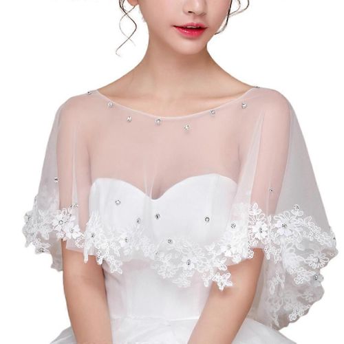 Mariée Brodé Dentelle Florale Ondulé Boléro Short Cape Paillettes Pour Strass Perlé Tulle Pur Mariage Châle Envelopper Couvrir Jusqu¿À L¿Épaule