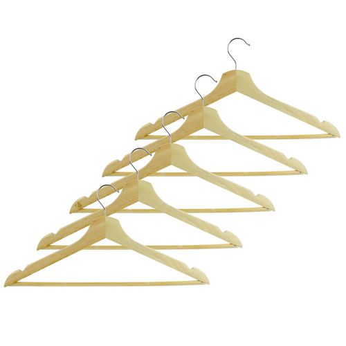 Lot de 5 cintres en bois avec barre Beige