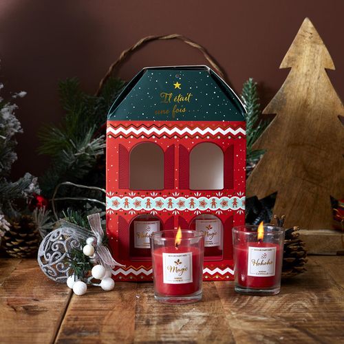 Coffret de 4 bougies senteurs cookie et cannelle MAISON DE NOEL rouge