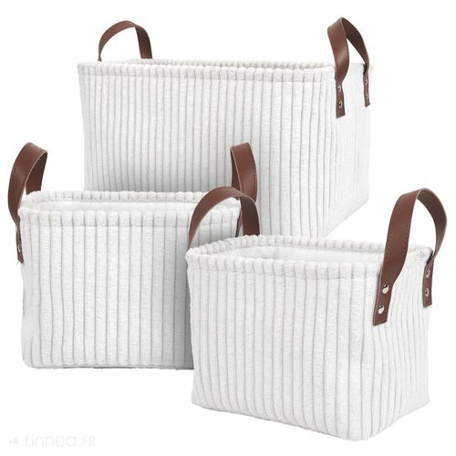 Lot de 3 paniers de rangement en velours côtelés VELVETY blanc