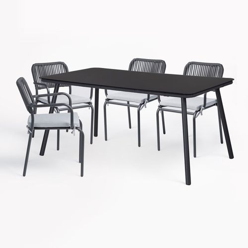 Ensemble Table Rectangulaire Arhiza, 160 X 90 Cm, Et 4 Chaises De Salle À Manger Empilables En Aluminium. Gris Graphite
