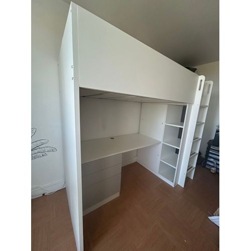 Lit Mezzanine Ikea Småstad Avec Bureau Et Rangements Intégrés - Blanc/Gris