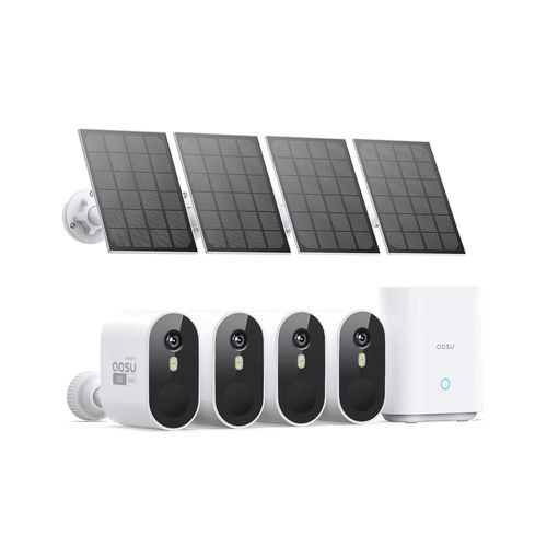 Aosu 2K Caméra Surveillance WiFi Extérieure sans Fil, Solar Security Cameras Kit, Base+4 cam, sans Abonnement - Enregistrement Local, Angle de Vue 166°, Vision Nocturne, Détecteur de Mouvement, IP65