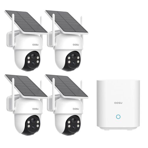 AOSU 2K Camera Surveillance Exterieure sans Fil, 4 Cam-Kit avec Homebase, Zéro Frais, 360° Panoramique PTZ, 3MP WiFi Solaire Caméra Exterieur à Batterie, Vision Vocturne, Alarme Lumineuse Sonore