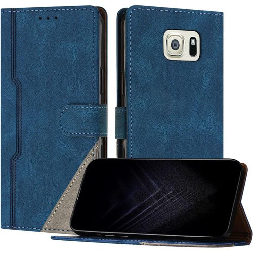 Étui Pour Samsung Galaxy S6 Edge Plus, Housse En Cuir Pu Avec Protection Antichoc Tpu Fonction Support Porte-Cartes Antichoc Magnétique Coque Pour Galaxy S6 Edge Plus - Bleu