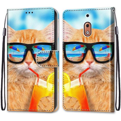 Coque En Pu Cuir Pour Nokia 2.1 Étui Flip Cover Clapet De Protection Portefeuille Avec Motif Chat D'or Cool Housse Magnétique Case Étui À Rabat Antichoc Cover Nokia 2.1 5.5