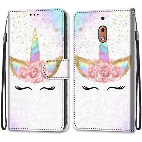 Coque En Pu Cuir Pour Nokia 2.1 Étui Flip Cover Clapet De Protection Portefeuille Avec Motif Cils Licorne Housse Magnétique Case Étui À Rabat Antichoc Cover Nokia 2.1 5.5