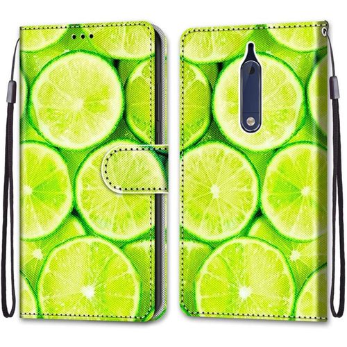 Coque En Pu Cuir Pour Nokia 5 5.2"" Étui Flip Cover Clapet De Protection Portefeuille Avec Motif Citron Vert Housse Magnétique Case Wallet Étui À Rabat Antichoc Cover Pour Nokia 5 5.2