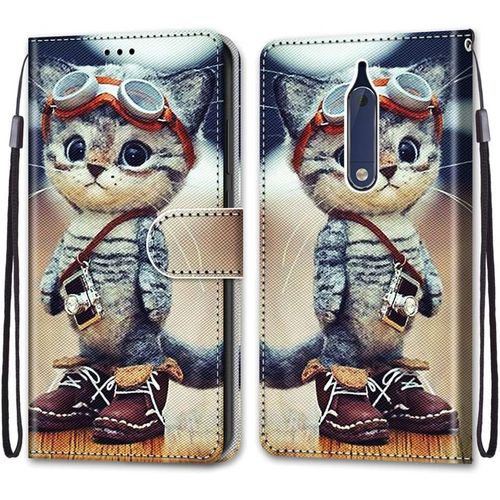 Coque En Pu Cuir Pour Nokia 5 Étui Flip Cover Clapet De Protection Portefeuille Avec Motif Chat D'aventure Housse Magnétique Case Wallet Étui À Rabat Antichoc Cover Pour Nokia 5 5.2
