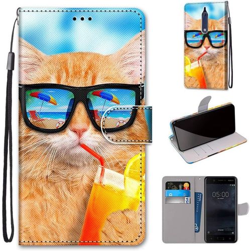 Coque En Pu Cuir Pour Nokia 5 Étui Flip Cover Clapet De Protection Portefeuille Avec Motif Chat D'or Cool Housse Magnétique Case Wallet Étui À Rabat Antichoc Cover Nokia 5 5.2-Pouces