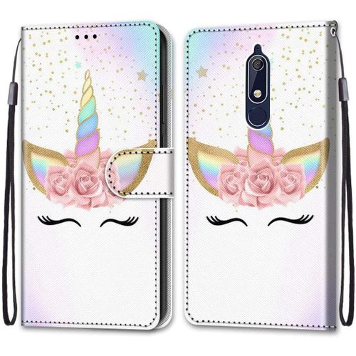 Coque En Pu Cuir Pour Nokia 5.1 Étui Flip Cover Clapet De Protection Portefeuille Avec Motif Cils Licorne Housse Magnétique Case Étui À Rabat Antichoc Cover Nokia 5.1 5.5
