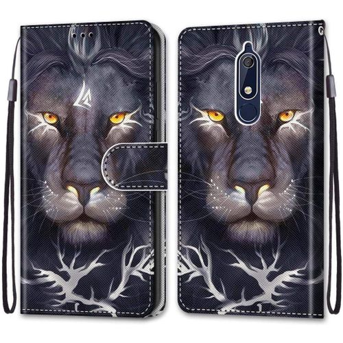 Coque Pour Nokia 5.1 Portefeuille Etui À Rabat En Pu Cuir Avec Motif,Poche Porte-Cartes,Multi-Usage Peint Housse Cuir Case Magnétique Lion Noir Protection Pour Nokia 5.1 5.5