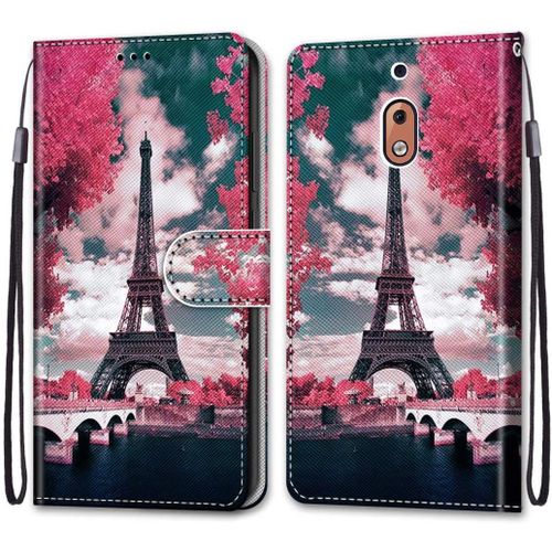 Coque Pour Nokia 2.1 Portefeuille Etui À Rabat En Pu Cuir Motif,Poche Porte-Cartes,Multi-Usage Peint Housse Cuir Case Magnétique Tour Fleur Rose Protection Pour Nokia 2.1 5.5