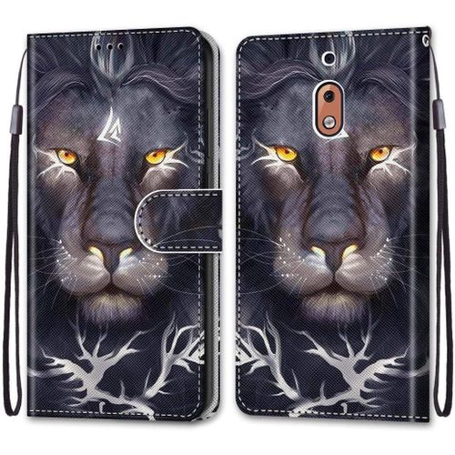 Coque Pour Nokia 2.1 Portefeuille Etui À Rabat En Pu Cuir Avec Motif,Poche Porte-Cartes,Multi-Usage Peint Housse Cuir Case Magnétique Lion Noir Protection Pour Nokia 2.1 5.5