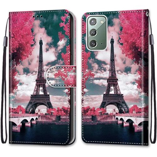 Coque Pour Samsung Galaxy Note20 Portefeuille Etui À Rabat En Pu Cuir Avec Motif,Poche Porte-Cartes,Multi-Usage Peint Housse Cuir Case Magnétique Tour Rose Protection Pour Samsung Note20