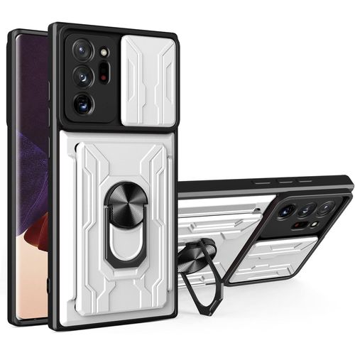 Coque Pour Samsung Galaxy Note20 Ultra Protection De La Caméra Avec Lentille Coulissante Couverture Et Support À Bague Étui De Silicone Et Pc Dur Militaire Antichoc Anti-Rayures Housse,Blanc