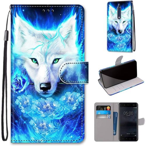 Cuir Pu Folio Etui Pour Nokia 5 Coque Pochette Flip Housse Etui A Rabat Protection Résistant Aux Chocs Couverture Motif Loup Roi Rêve Avec Porte Carte Back Cover Nokia 5 2017 5.2-Pouces