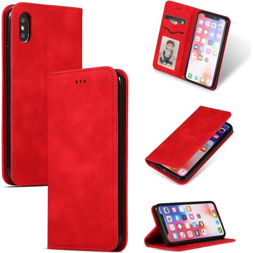 Étui Coque Pour Apple Iphone Xs Max 6.5"" Premium En Cuir Affaires Folding Folio Housse Téléphone Portable Étui Magnétique Loquet Pu Leather Rabat Wallet Case Cover Antichoc Housse, Rouge