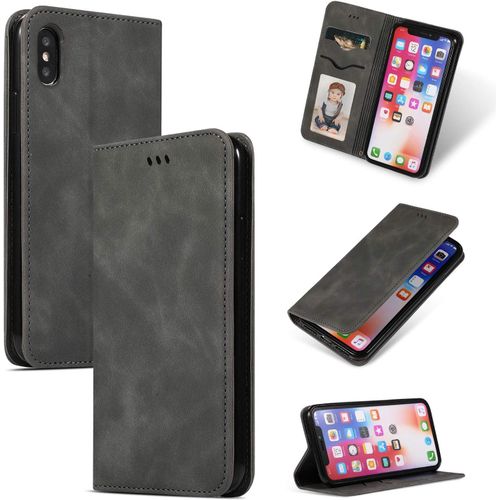 Étui Coque Pour Apple Iphone Xs Max 6.5"" Premium En Cuir Affaires Folding Folio Housse Téléphone Portable Étui Magnétique Loquet Pu Leather Rabat Wallet Case Cover Antichoc Housse, Gris