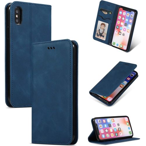 Étui Coque Pour Apple Iphone Xs Max 6.5"" Premium En Cuir Affaires Folding Folio Housse Téléphone Portable Étui Magnétique Loquet Pu Leather Rabat Wallet Case Cover Antichoc Housse, Bleu