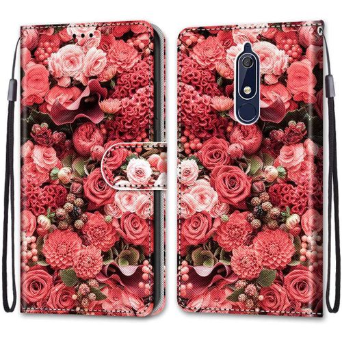 Etui À Rabat En Pu Cuir Pour Nokia 5.1 Flip Portefeuille Coque De Protection Avec Charmant Pochette En Simili Cuir Etui A Rabat Carte Fentes Coque Nokia 5.1 5.5"",Fleurs Rouges