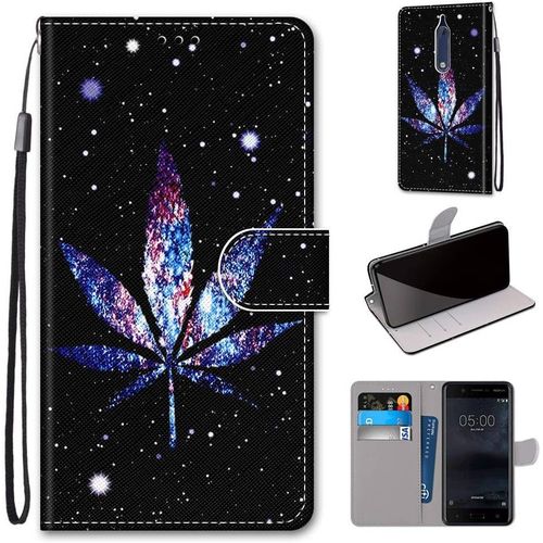 Etui À Rabat En Pu Cuir Pour Nokia 5 Flip Coque De Protection Avec Motif Charmant Pochette En Simili Cuir Etui A Rabat Carte Fentes Coque Nokia 5 5.2-Pouces,Feuille D'érable Scintillante