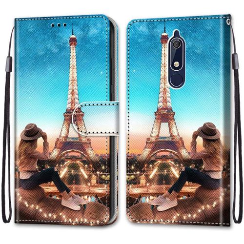 Etui À Rabat En Pu Cuir Pour Nokia 5.1 Flip Portefeuille Coque Protection Avec Motif Pochette En Simili Cuir Etui A Rabat Carte Fentes Coque Nokia 5.1 5.5"",Tour De Fille Bleue
