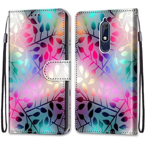 Etui À Rabat En Pu Cuir Pour Nokia 5.1 Flip Portefeuille Coque Protection Avec Motif Charmant Pochette En Cuir Etui A Rabat Carte Fentes Coque Nokia 5.1 5.5"",Feuilles Colorées