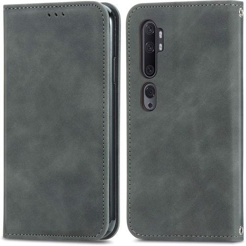 Étui Coque Pour Xiaomi Mi Note 10 Premium En Cuir Affaires Folding Folio Téléphone Étui Magnétique Loquet Pu Leather Rabat Wallet Case Cover Antichoc Housse Pour Xiaomi Mi Cc9 Pro,Gris