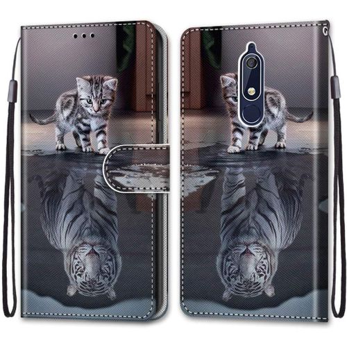 Housse À Rabat Portefeuille Pour Nokia 5.1,Coque En Cuir Pu Pour Nokia 5.1 5.5"",Etui De Protection Motif Avec Fonction Support Magnétique Portables Case Pour Samsung J8,Chat Tigre