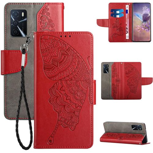 Pochette Coque Pour Oppo A16s A55 5g Étui En Cuir Flip Lirves Pu Avec Tpu Silicone Antichoc Papillon Gaufrage Rouge Housse Support Portable Wallet Protection Étui Pour Oppo A16s A55 5g