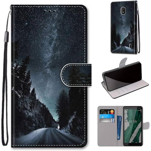 Pochette Coque Pour Nokia 1 Plus 5.45"" Étui En Cuir Flip Lirves Pu Avec Tpu Silicone Antichoc Housse Support Portable Wallet Élégant Protection Étui Pour Nokia 1 Plus,Route De Nuit Noire