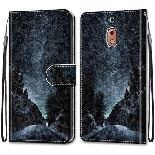 Pochette Coque Pour Nokia 2.1 Étui Cuir Flip Lirves Pu Avec Silicone Antichoc Housse Support Portable Wallet Élégant Protection Étui Pour Nokia 2.1 5.5"",Route De Nuit Noire