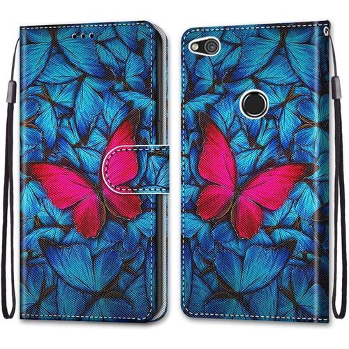 Pochette Coque Pour Huawei P8 Lite 2017 Étui En Cuir Flip Pu Avec Tpu Silicone Antichoc Housse Support Portable Wallet Coque Élégant Protection Étui Pour Huawei P8 Lite 2017,Papillon Rouge