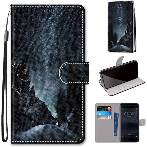 Pochette Coque Pour Nokia 5 Étui En Cuir Flip Lirves Pu Avec Tpu Silicone Antichoc Housse Support Portable Wallet Élégant Protection Étui Pour Nokia 5 2017 5.2-Pouces,Route De Nuit Noire