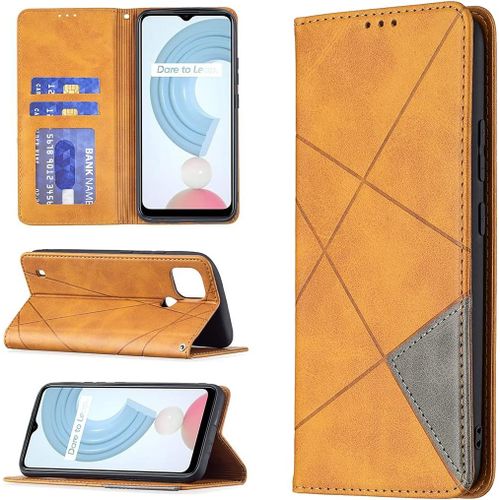 Pu Cuir Coque Pour Realme C21/C20 Étui De Protection Portefeuille Rhombique Magnétique Loquet À Rabat Clapet Wallet Étui En Simili Cuir Support Porte Carte Antichoc Cover Housse Orange