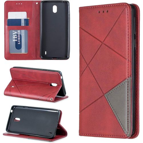 Pu Cuir Coque Nokia 1 Plus 5.45"" Étui De Protection Portefeuille Rhombique Magnétique Loquet À Rabat Clapet Wallet Étui En Simili Cuir Support Porte Carte Antichoc Cover Housse,Rouge