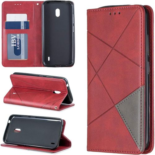 Pu Cuir Coque Nokia 2.2 Étui De Protection Portefeuille Rhombique Magnétique Loquet À Rabat Clapet Wallet Étui En Simili Cuir Support Porte Carte Antichoc Cover Housse,Rouge