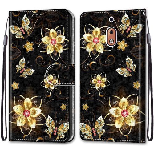 Etui En Pu Cuir Coque Pour Nokia 2.1 Flip Folio Housse Magnétique Papillon D'or Étui A Rabat Portefeuille Antichoc Porte Carte Flip Stand Case Protective Cover Nokia 2.1 5.5
