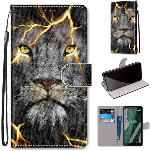 Etui En Pu 360 Protection Full Cuir Pour Nokia 1 Plus 5.45"" Coque Flip Case Housse À Rabat Portefeuille Étui Et Silicone Interne Cover Anti Choc Poche Motif Lion Enflammé Protection Bumper