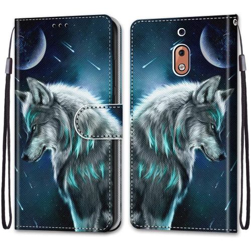 Etui En Pu Cuir Coque Pour Nokia 2.1 Flip Folio Housse Magnétique Loup Modèle Étui A Rabat Portefeuille Antichoc Porte Carte Flip Stand Case Protective Cover Nokia 2.1 5.5 5.5