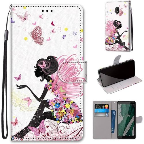 Etui En Pu 360 Protection Full Cuir Pour Nokia 1 Plus 5.45"" Coque Flip Case Housse À Rabat Portefeuille Étui Et Silicone Interne Cover Anti Choc Poche Motif Ange Fleur Protection Bumper